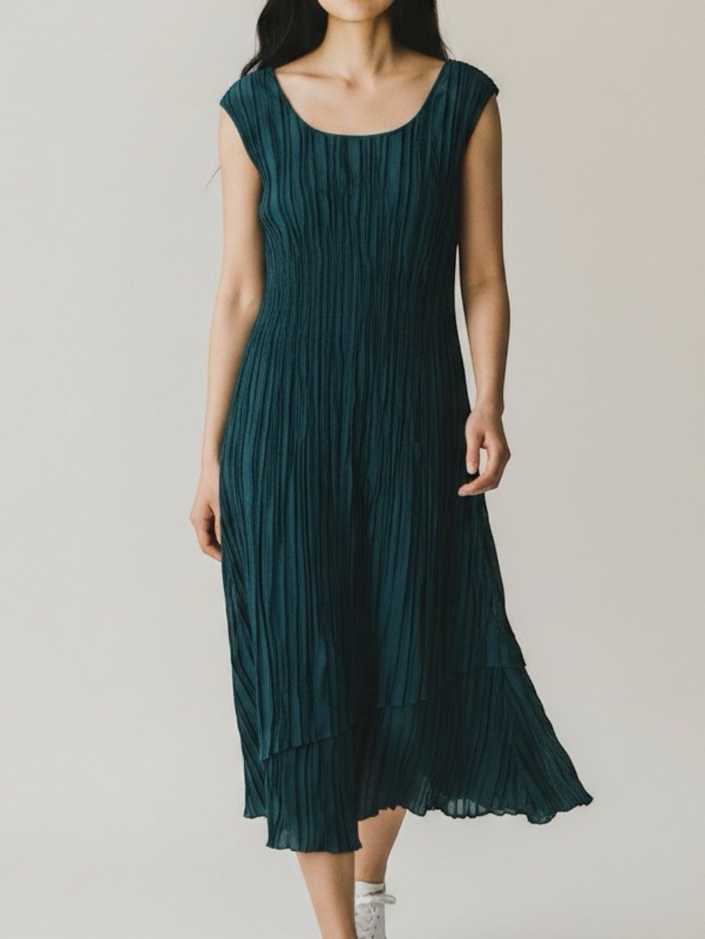 Alquema Crush Pleated Fabric Midi Dress Accordion Pleat Dark Forest Green 1